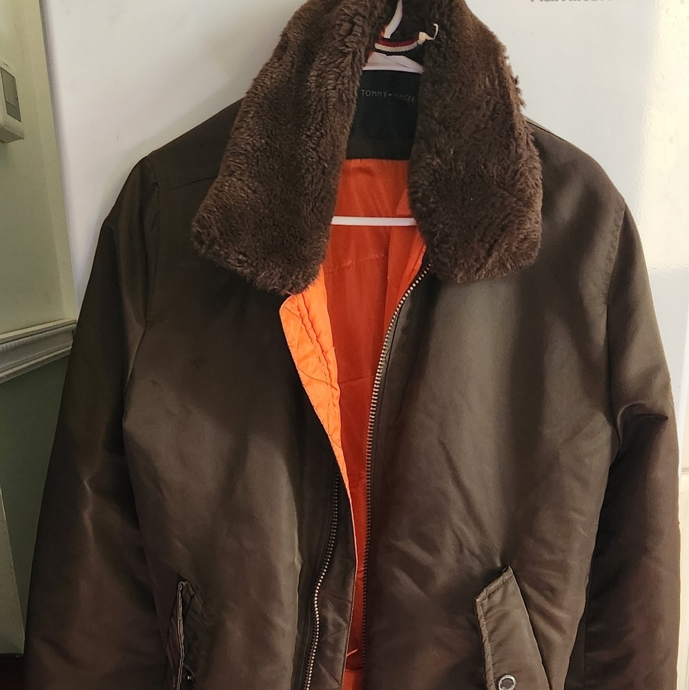 Tommy Hilfiger Men's Brown Bomber Jacket with Fur Collar